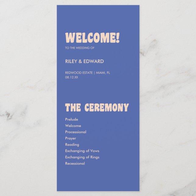 Programa Ceremonia de Boda Retro Moderna Azul y Beige (Anverso)