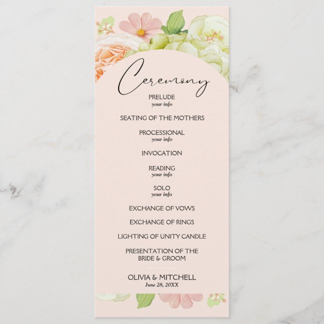 Programa Ceremonia de Boda rosa de moda Florals (Anverso)