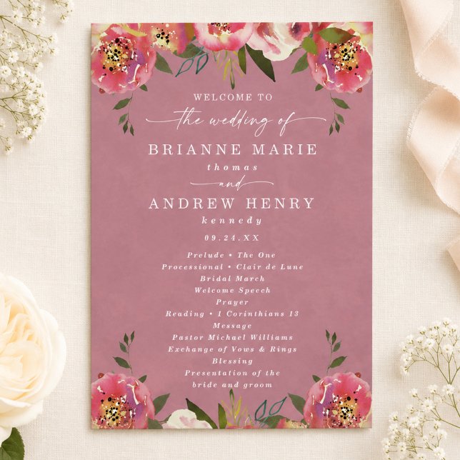 Programa Ceremonia de Boda Rosa Salvaje Chic Florido (Elegant wild rose pink wedding programs)