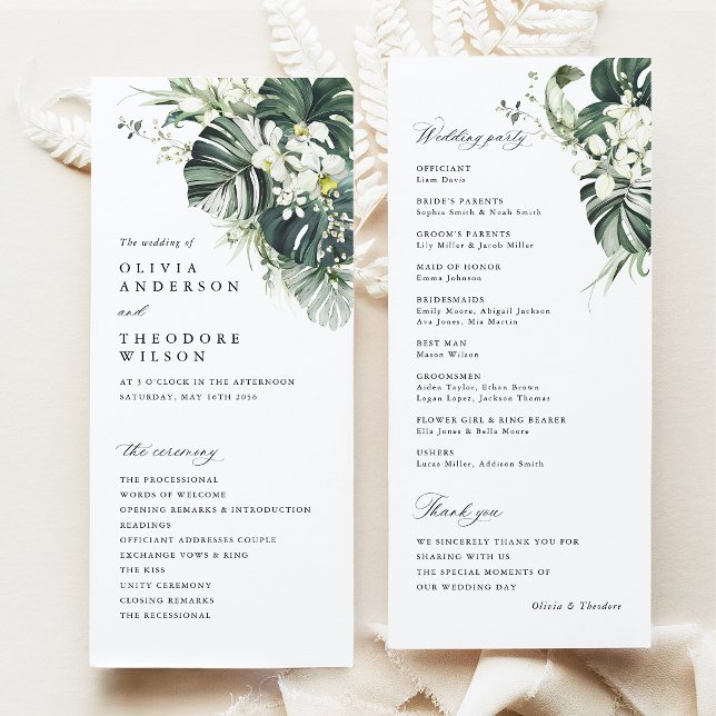Programa Ceremonia de Boda Tropical Verde Salvia Monstera (Tropical wedding ceremony program, monstera orchid wedding stationery, destination wedding program)