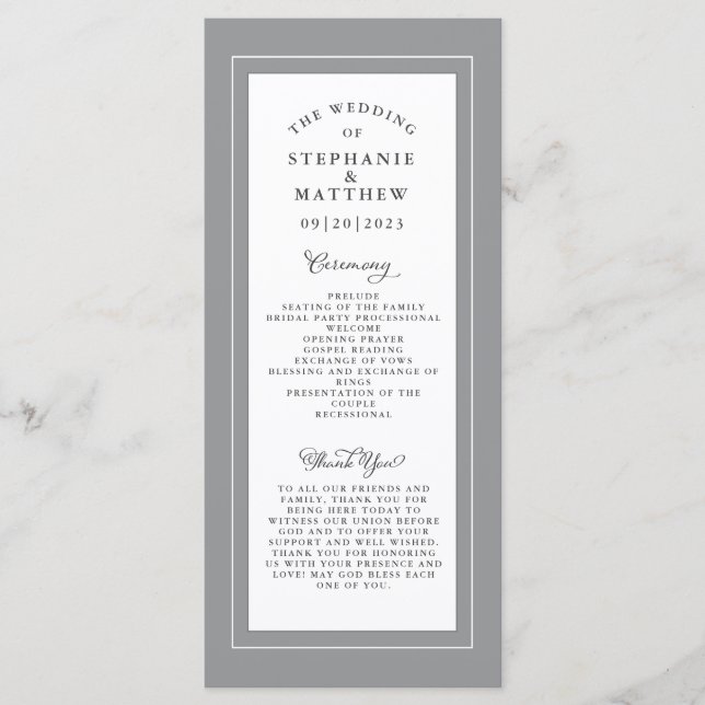 Programa Ceremonia de servicio de Boda gris y blanco elegan (Anverso)