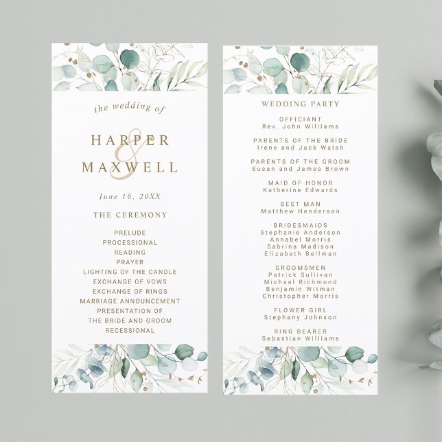 Programa Ceremonia del Boda Botánico Dorado y Verde (Front & Back)