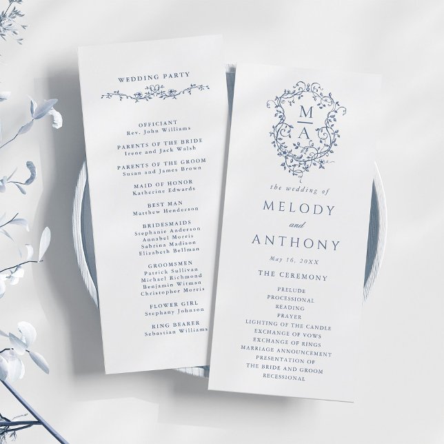 Programa Ceremonia del Boda del Escudo floral Blue Classic (Front & Back)
