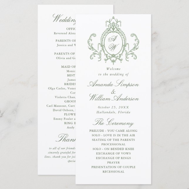 Programa Ceremonia del Boda Verde de la orquesta victoriana (Anverso / Reverso)