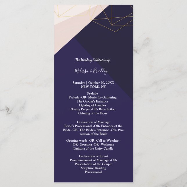Programa Ceremonia geométrica rosa azul marino blanco y oro (Anverso)