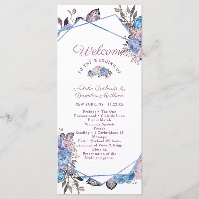 Programa Ceremonia parisina de Boda floral azul y rosa (Anverso)