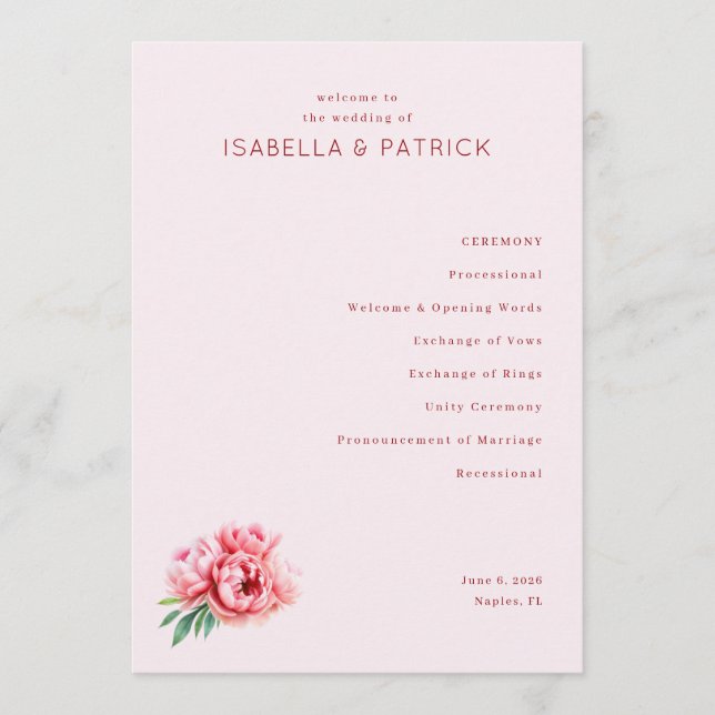 Programa Ceremony Processional Pink Floral Serif (Anverso)