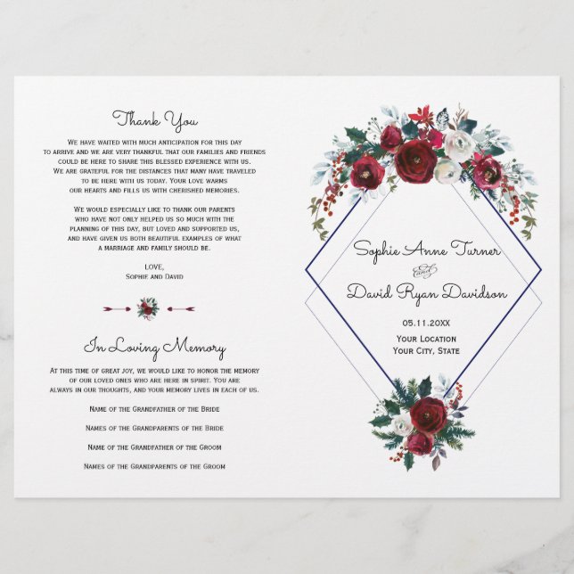 Programa Charm Burgundy Floral Boda Azul (Anverso)