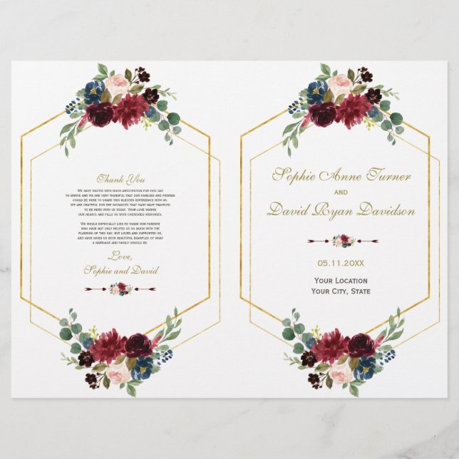 Programa Charm Burgundy Floral Gold Frame Wedding (Frente)