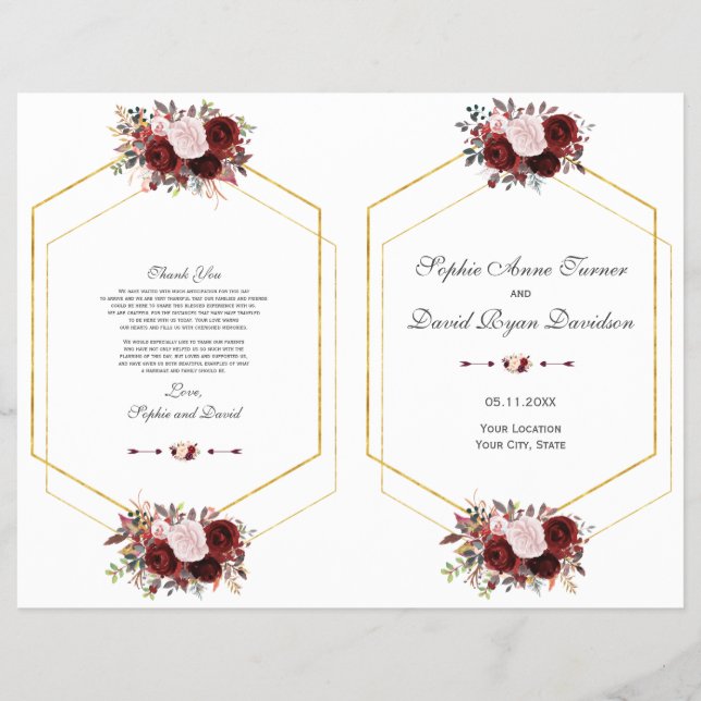 Programa Charm Burgundy Pink Floral Gold Wedding (Frente)