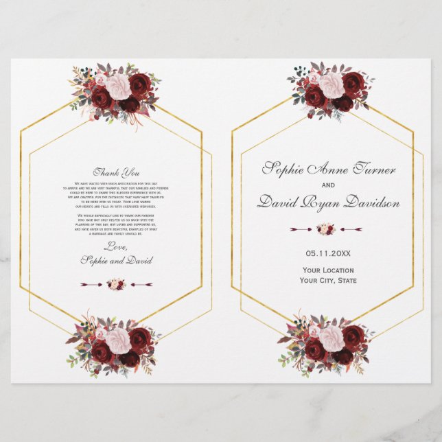 Programa Charm Burgundy Pink Floral Gold Wedding (Frente)