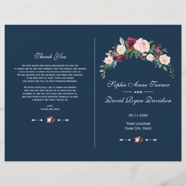 Programa Charm Burgundy Rubor Floral Blue Wedding (Frente)
