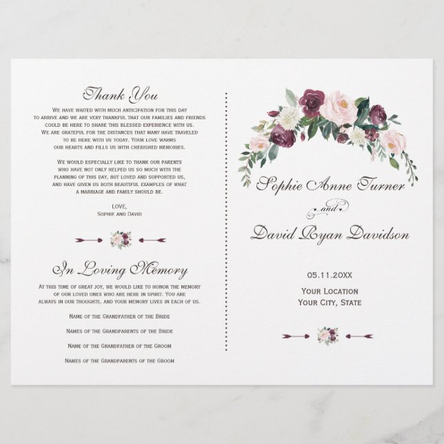 Programa Charm Burgundy Rubor Ivory Floral Wedding (Anverso)