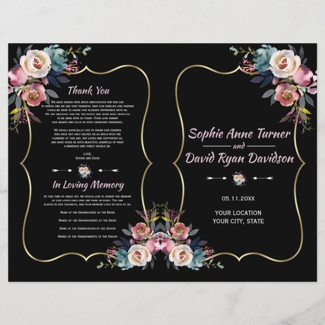 Programa Charm Dusty Blue Pink Flowers Gold Weddin (Anverso)