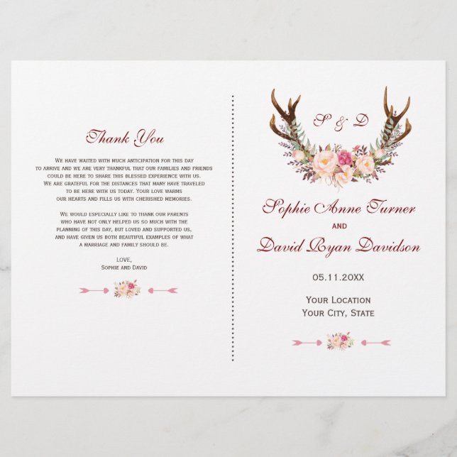 Programa Charm Pink Rubor Floral Antlers Wedding (Anverso)