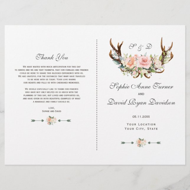 Programa Charm Pink Rubor Floral Antlers Wedding (Anverso)