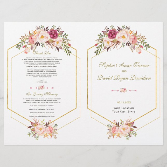 Programa Charm Pink Rubor Floral Gold Frame Weddin (Frente)