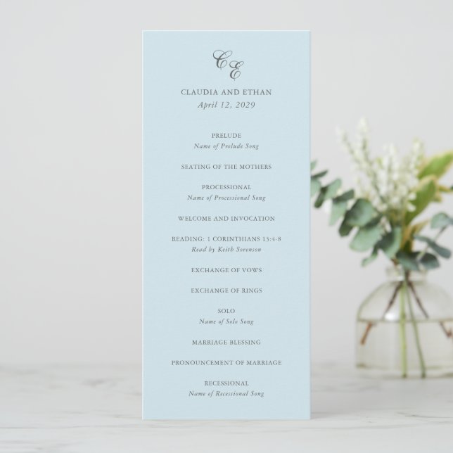 Programa Clásico Azul Polvo Monograma Boda Elegante (Anverso de pie)