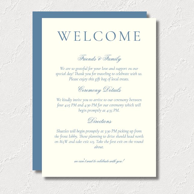Programa Clásico Azul Polvoriento Minimalista Bienvenida de (Classic Dusty Blue Minimalist Wedding Welcome Program)