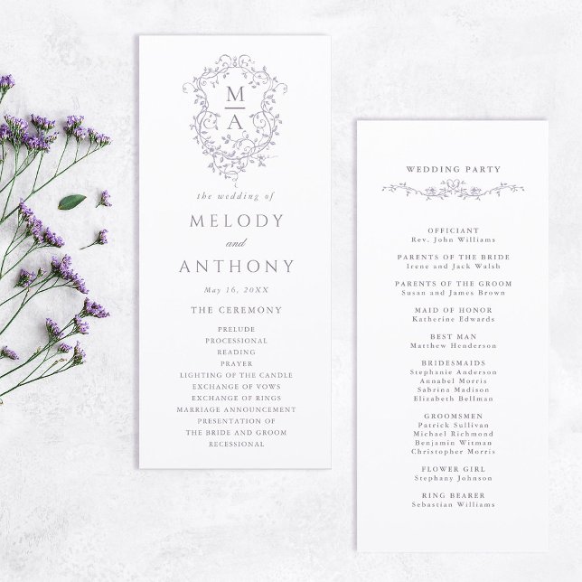 Programa Clásico de lavanda Cresta floral Ceremonia de boda (Front & Back)