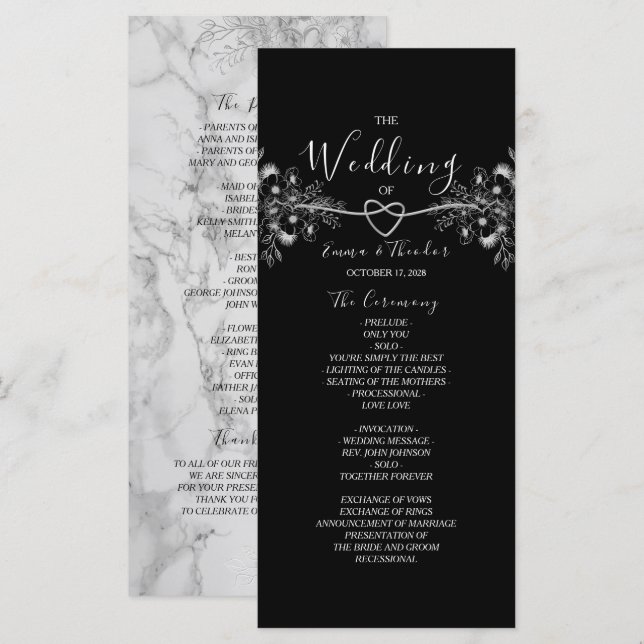 Programa Clásico Elegante Boda en Blanco y Negro (Anverso / Reverso)