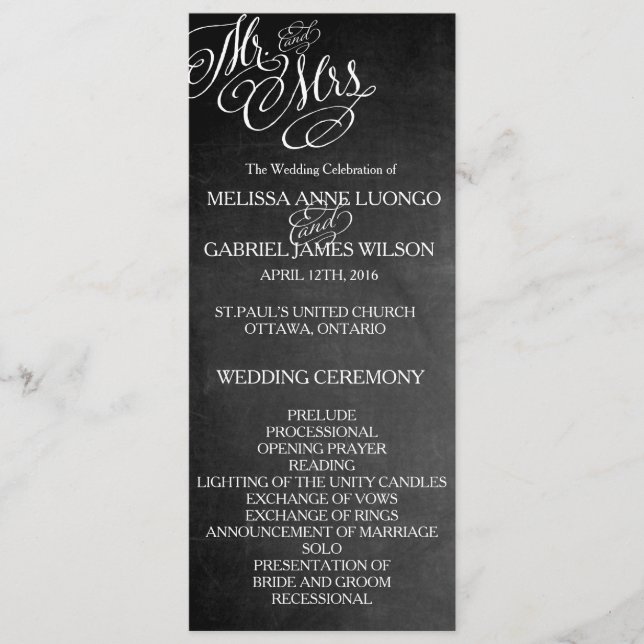 Programa Clásico Sr. & Mrs Wedding Program Chalkboard (Anverso)