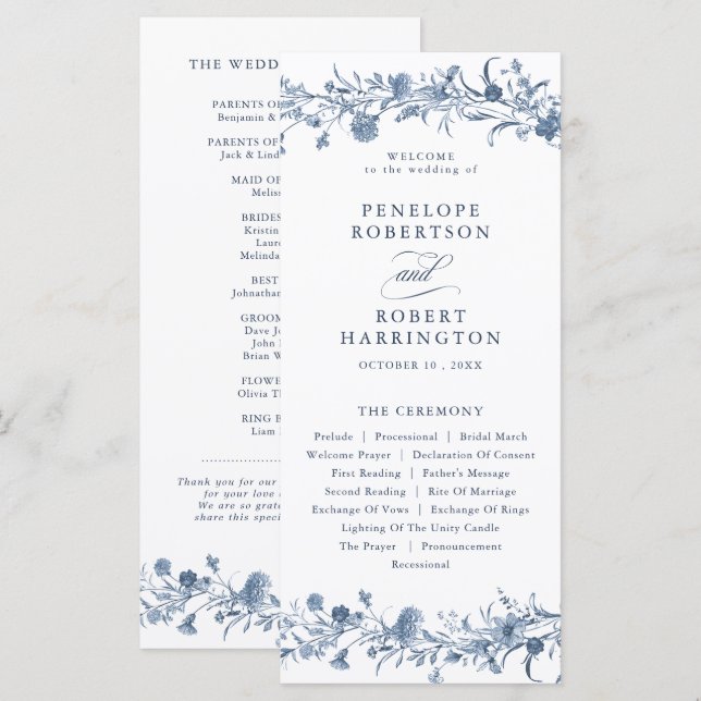 Programa Classic Victorian Blue French Garden Chic Wedding (Anverso / Reverso)