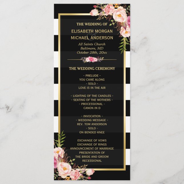 Programa Classy Floral Stripes Gold Frame Wedding Program (Anverso)