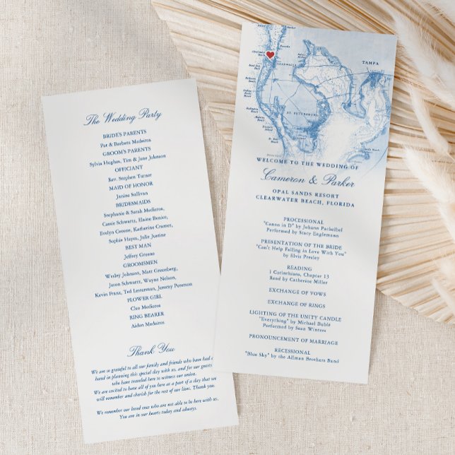 Programa Clearwater Beach FL Map Elegante Boda Azul de la M (Clearwater Beach FL Wedding Program in Elegant Navy Blue from Coastal Map Designs)