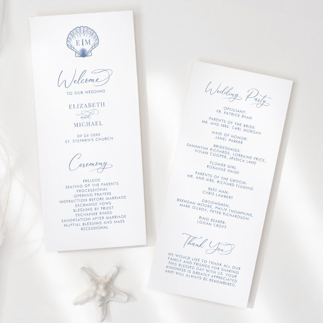 Programa Coastal Blue Beach Shell Monogram Wedding (Subido por el creador)
