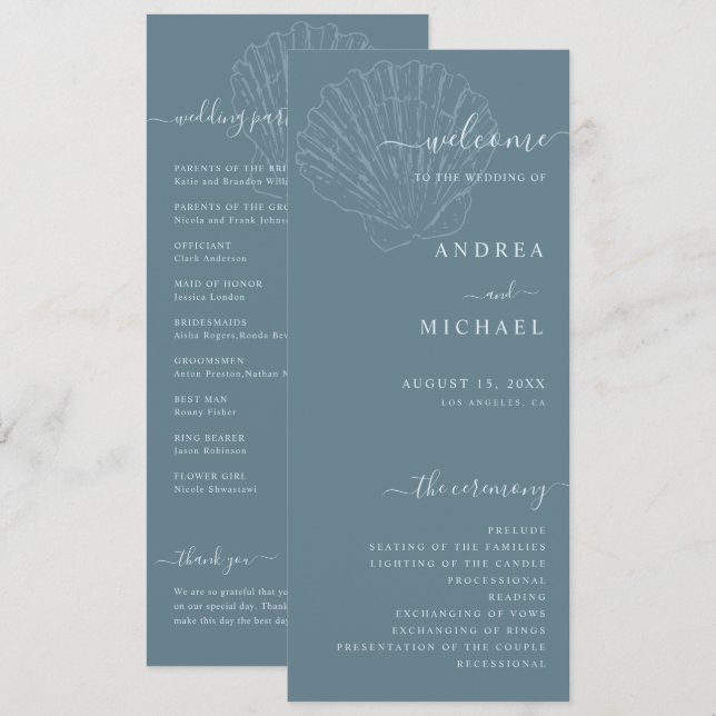 Programa Coastal Blue Nautical Hand Drawn Seashell Wedding (Anverso / Reverso)
