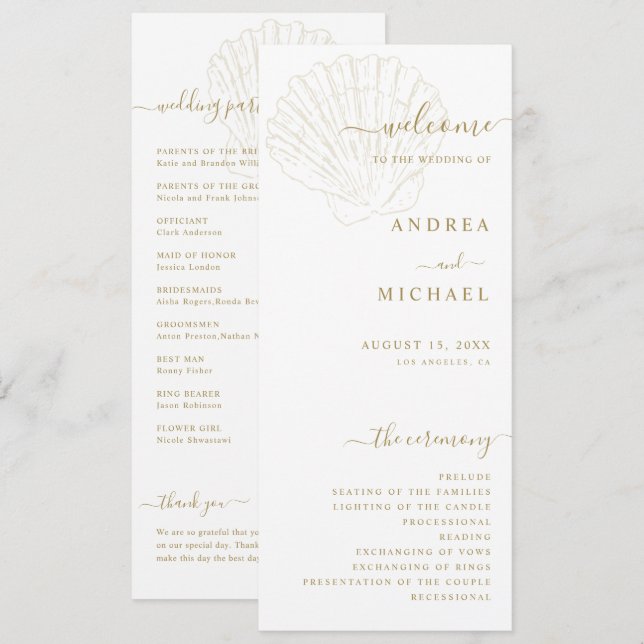 Programa Coastal Ivory & Gold Hand Drawn Seashell Wedding (Anverso / Reverso)