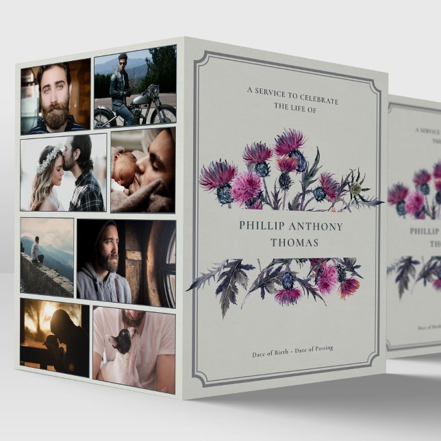 Programa Collage de fotos Obituario Funeral Tistle Escocés (Scottish Thistle Photo Montage Sympathy Order of Service Funeral Program)