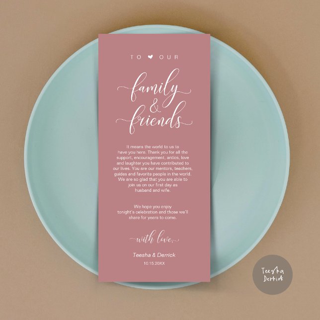 Programa Configuración de la cena Gracias, Dusty Rosa Card (Dinner Place Setting Thank You Card, Modern Classy Wedding, in Dusty Rose Pink)