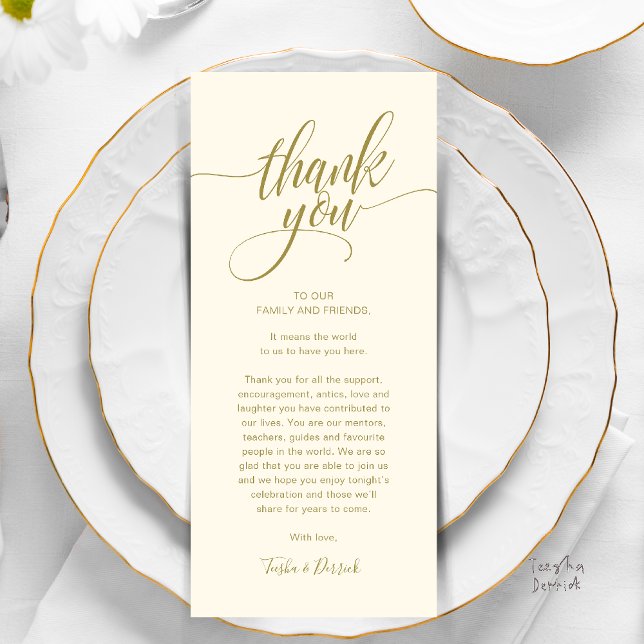 Programa Configuración del lugar de la cena de ensayo - Gra (Modern Script Wedding Guest Dinner Reception Brunch Lunch Thank You Card in Yellow Gold)