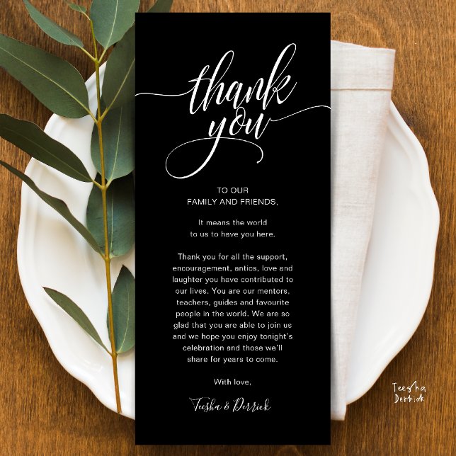 Programa Configuración del lugar de la cena de ensayo - Gra (Modern Script Wedding Guest Dinner Reception Brunch Lunch Thank You Card in Classy Black White)