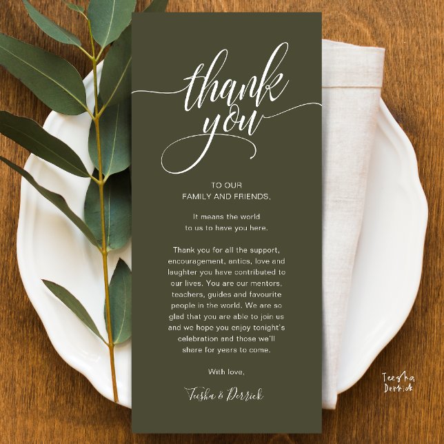 Programa Configuración del lugar de la cena de ensayo - Gra (Modern Script Wedding Guest Dinner Reception Brunch Lunch Thank You Card in Olive Green)