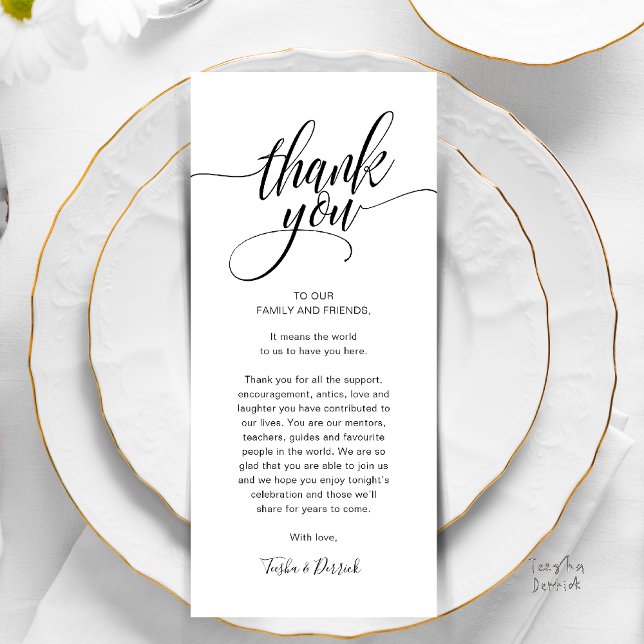 Programa Configuración del lugar de la cena de ensayo - Gra (Modern Script Wedding Guest Dinner Reception Brunch Lunch Thank You Card in Black and White)