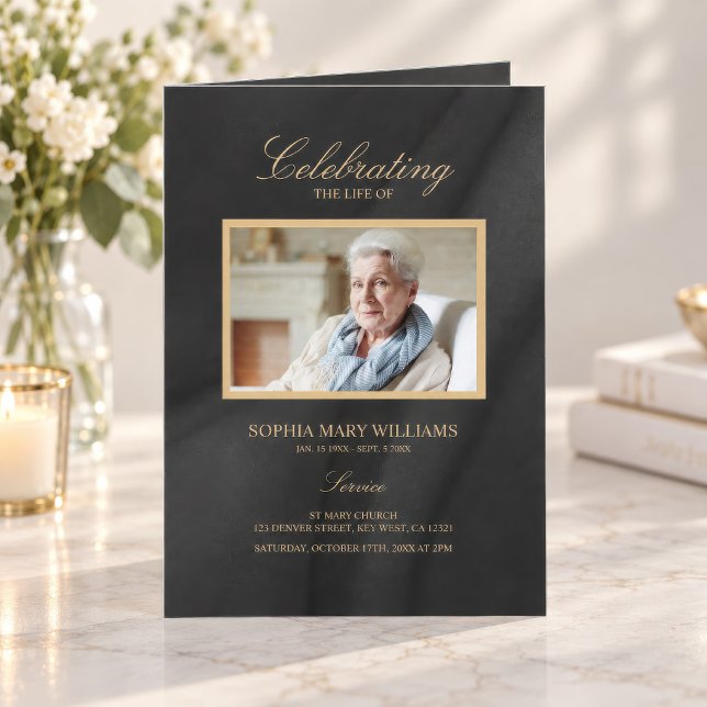 Programa conmemorativo de caligrafía en negro y do (Black and Gold Calligraphy Celebration of Life program with photo and service details)