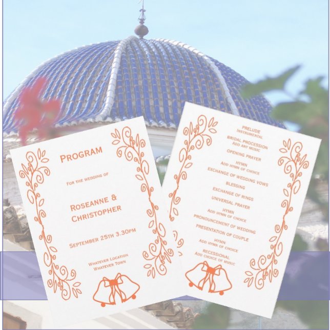 Programa Coral Bells Scrollwork Design Boda (Coral wedding church program bells scrollwork design)