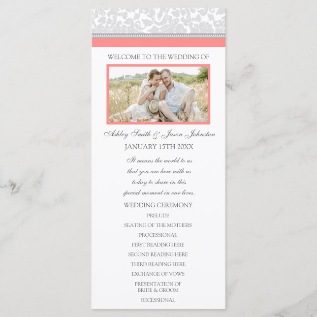 Programa Coral Gray Damask Photo Wedding (Anverso)