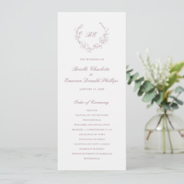 Programa Corona de Malva Monograma Boda Elegante (Anverso de pie)