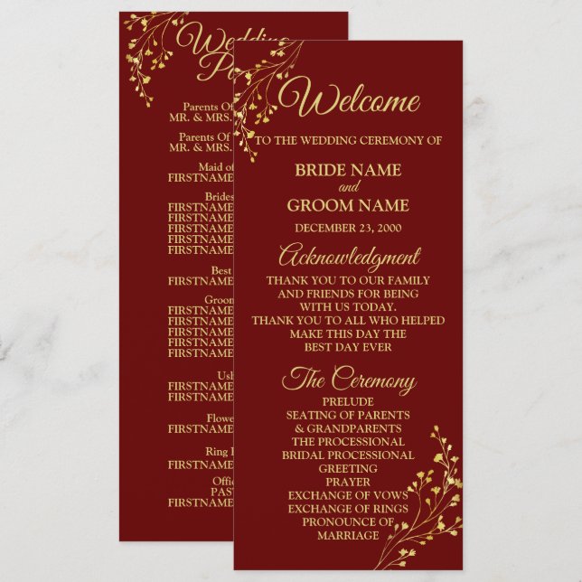 Programa Corona geométrica floral dorada boda roja (Anverso / Reverso)