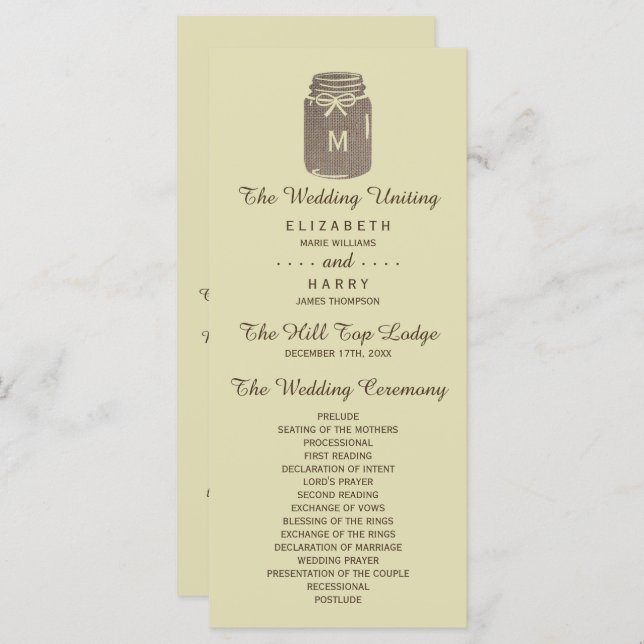 Programa Country Burlap Mason Jar Boda (Anverso / Reverso)