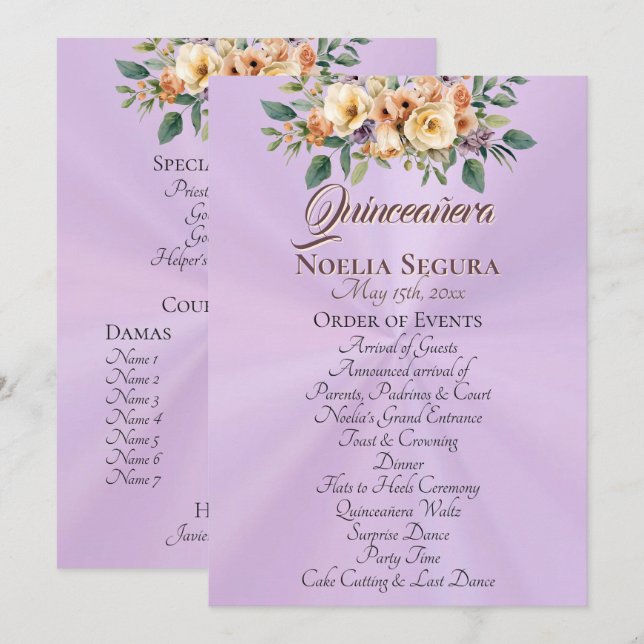 Programa Cream Floral Quinceanera Program - Lavender (Anverso / Reverso)