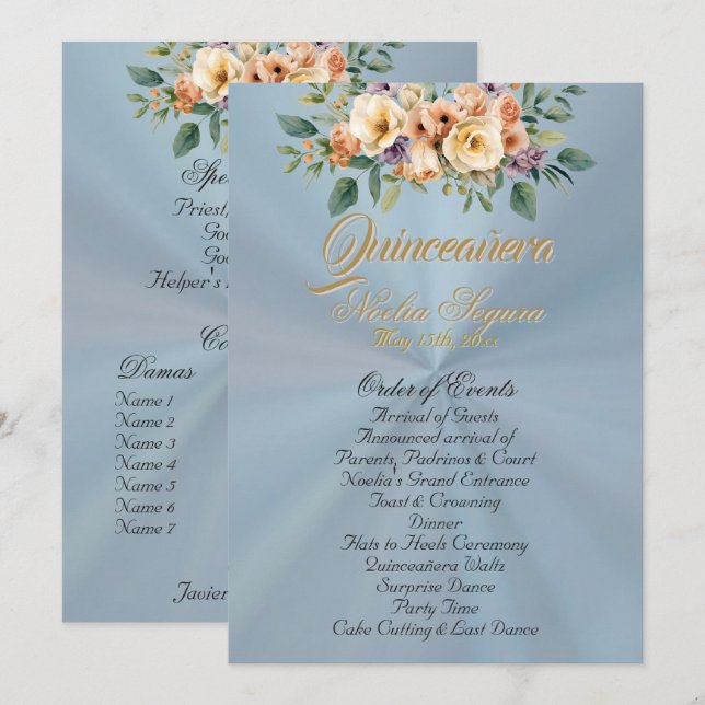 Programa Cream Floral Quinceanera Program - Pastel Blue (Anverso / Reverso)