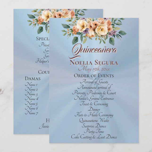 Programa Cream Floral Quinceanera Program - Pastel Blue (Anverso / Reverso)