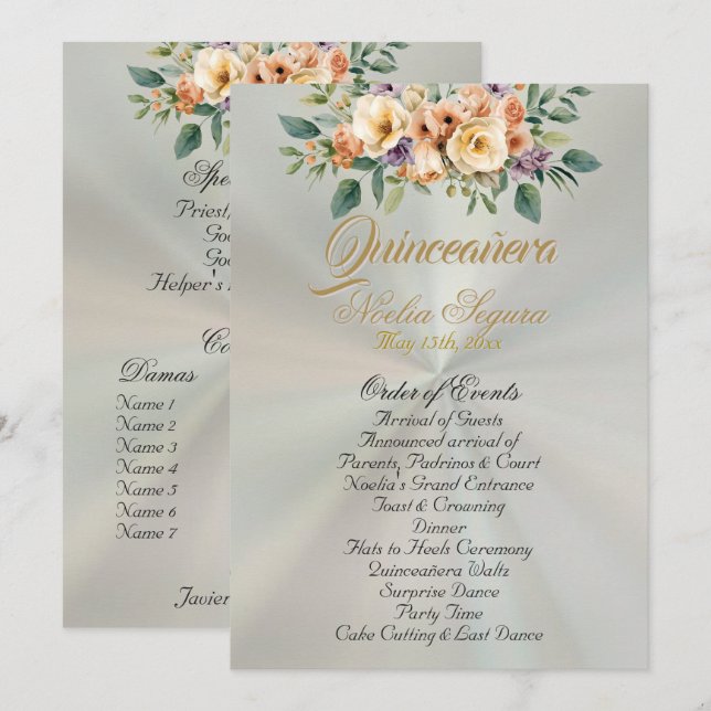 Programa Cream Floral Quinceanera Program - Pastel Green (Anverso / Reverso)