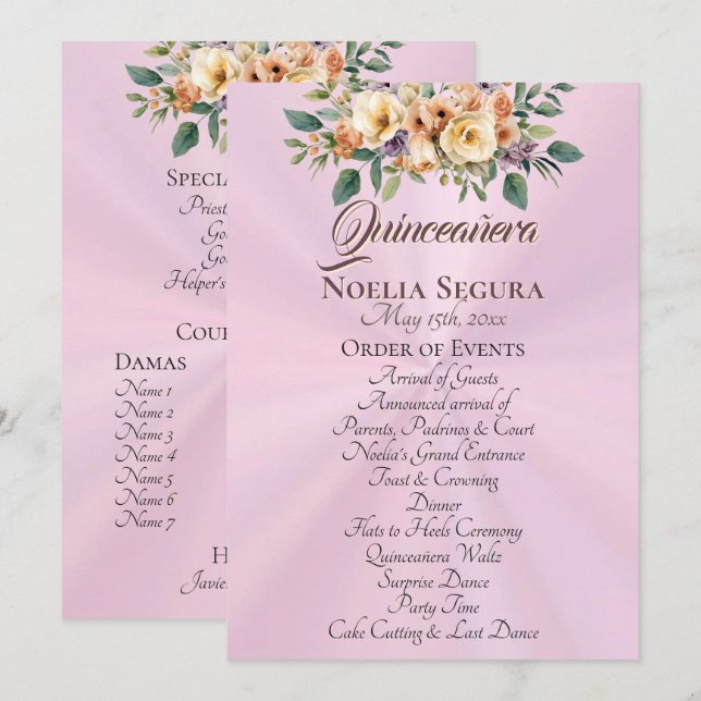 Programa Cream Floral Quinceanera Program - Pastel Pink (Anverso / Reverso)
