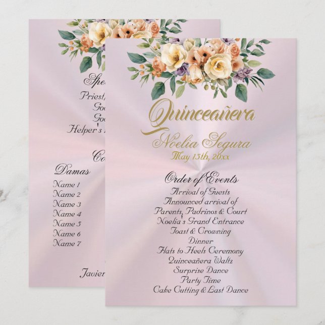 Programa Cream Floral Quinceanera Program - Pastel Pink (Anverso / Reverso)